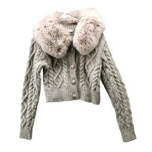 Zara Faux Fur Collar Cardigan Womens S Beige Cable Knit Button Front Cropped